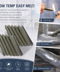 Collage showing Low Temp Welding Rods For Aluminum Stainless Steel Iron Copper Universal Welds No Flux Quick Melt For Safe DIY Repairs