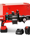 Portable Cordless Electric Rebar Cutter And Bender with Li-Ion Battery, charging unit and battery, red and silver design, 360-degree rotating head.