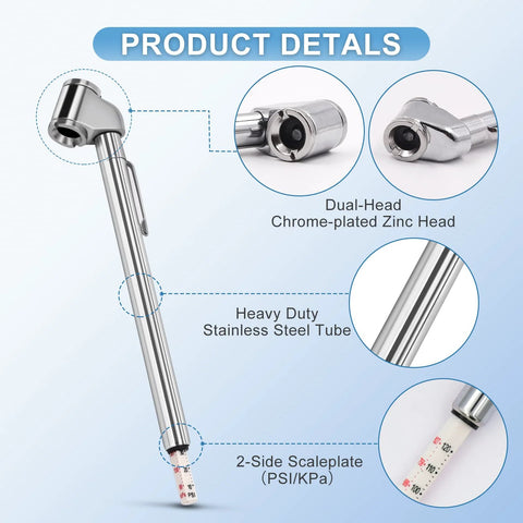 Front view of pencil tire pressure gauge with stainless steel tube, dual-head chrome-plated zinc head, 10–120 PSI, 2-pack