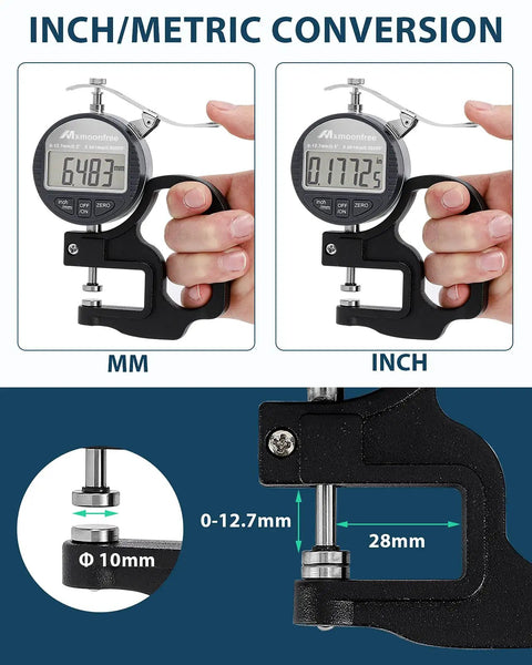 Pro Grade Digital Thickness Gauge 0-12.7mm 0.5 Inch with LCD Display showing inch and metric conversion.