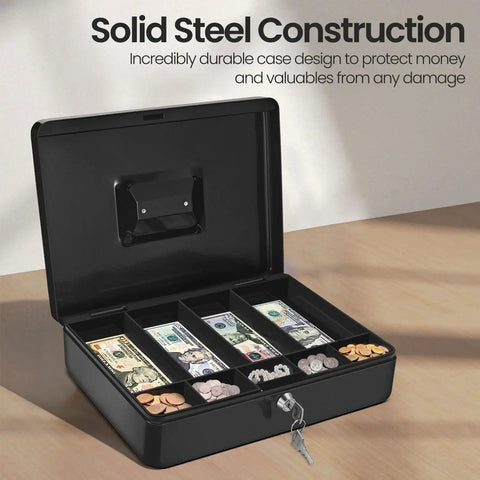 Open black metal cash box with lock and nine compartment tray filled with bills and coins, secure storage on the go.