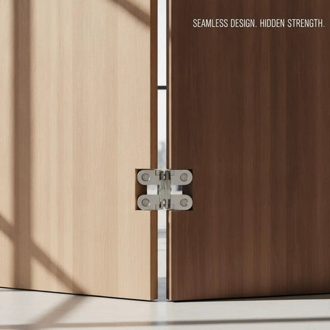 Low Profile Flush Mount Cross Hinge For No Fuss Doors And Folding Tables, Stainless Steel Pivot on wooden door panels