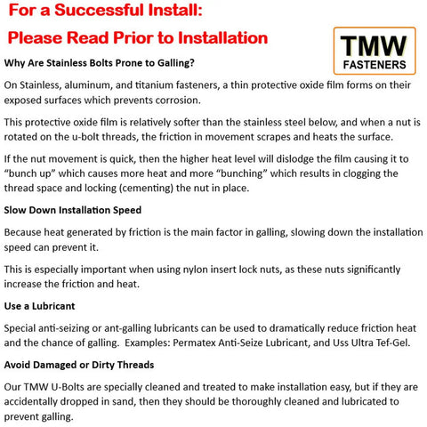 Installation instructions for TMW Fasteners stainless steel bolts and U-bolts, including details on galling prevention.