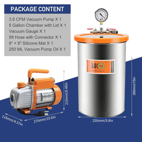 Knockout Suction Smooth As Butter 5 Gallon Vacuum Chamber with Tempered Glass Lid and 3 6 Cfm Vacuum Pump stainless steel setup.