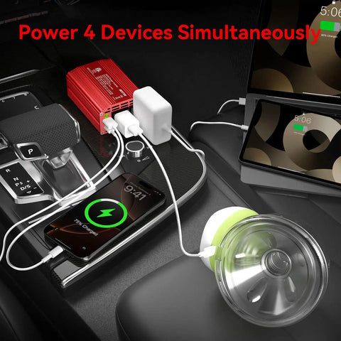 Heavy Duty 300W Car Power Inverter With Dual AC Outlets And Lightning Fast USB C PD 30W Plus Quick Charge USB A 18W Built For Tesla Model Y powering multiple devices in car interior.