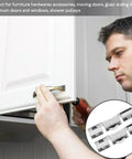 Man installing a cabinet door using an Eight Piece Glass Sliding Door Pulley Roller Kit With Heavy Duty Track Guide For Closets And Windows Slick Smooth Gliding Mechanism No Sweat Installation For Home Repair Projects.