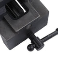 Close-up of the Heavy Duty 4 Inch Cross Slide Drill Press Vise Made From Industrial Grade Cast Steel with precision jaw and handle.