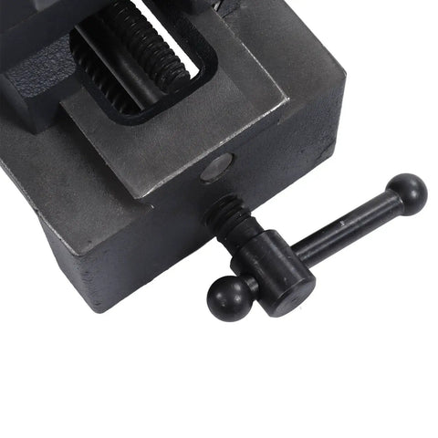 Close-up of the Heavy Duty 4 Inch Cross Slide Drill Press Vise Made From Industrial Grade Cast Steel with precision jaw and handle.