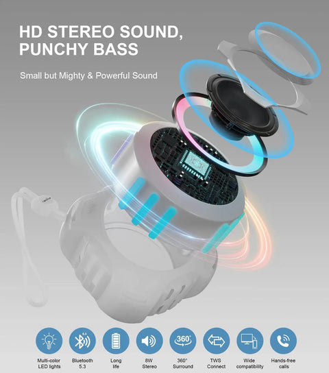 Exploded view of Shower Bluetooth Speaker Waterproof IPX7 With Floating Design And LED Light Loud HD Sound With Rich Bass