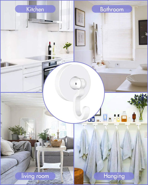 Heavy Duty No Drill Adhesive Hooks Set 3 Pound Capacity Damage Free White 6 Pack used in kitchen, bathroom, and living room.