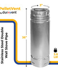 PelletVent Stainless Steel Double Wall Straight Stove Pipe Connector For Venting Smoke And Exhaust On Multi Fuel Stoves 36 Inch Long 3 Inch Diameter Heavy Duty Easy Install.