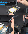 Mini Electric Screwdriver Kit With 70 In 1 Bits, 64 S2 Precision Bits in use for electronics, showing adjustable torque settings