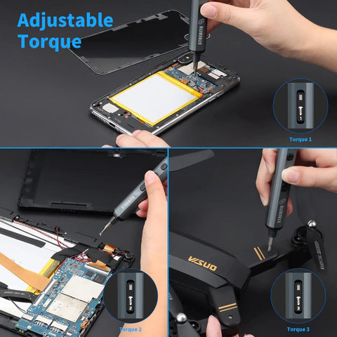 Mini Electric Screwdriver Kit With 70 In 1 Bits, 64 S2 Precision Bits in use for electronics, showing adjustable torque settings