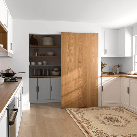 Concealed 38 Inch Sliding Barn Door Hardware Kit With Soft Close Aluminum Hidden Track System Wall Mount installed in kitchen