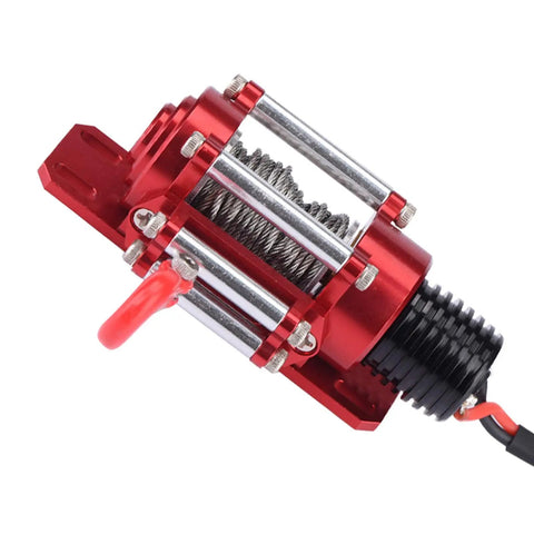 Rock Hard Red 1:10 Rc Crawler Winch Metal Cable Puller With Heavy Duty CNC Precision Design, showcasing red metal body and wire.
