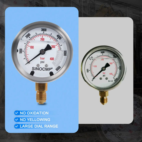 SINOCMP Hydraulic Pressure Test Kit Featuring Three Gauges And Six Couplings With Long Hoses For Excavator Equipment and Heavy Duty Construction Machinery Diagnostic Tools In Portable Case, showing a large dial gauge with a brass fitting.