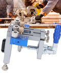 Self Centering Dowel Jig Kit With Adjustable Drill Guide And Six Heavy Duty Bushings Plus Three Carbide Bits close-up view of adjustable clamp and guide