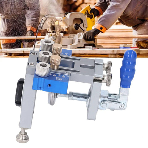 Self Centering Dowel Jig Kit With Adjustable Drill Guide And Six Heavy Duty Bushings Plus Three Carbide Bits close-up view of adjustable clamp and guide