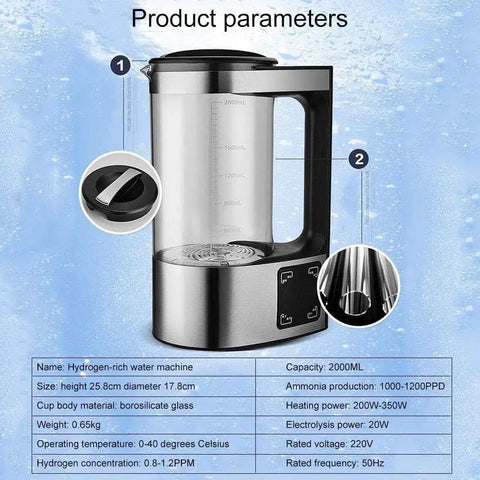 Hydrogen Water Maker For Home Use 2L Countertop Generator With SPE PEM Electrolysis, shown with borosilicate glass and controls.