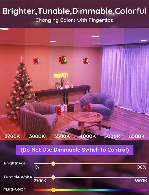 Living room with tree and chairs lit by Tunable WiFi BR30 Smart Flood Light Bulbs 13W 100W Equivalent 1300LM 2700K-6500K RGB Color Changing.
