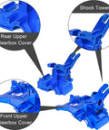 Front And Rear Upper Gearbox Covers And Shock Tower Upgrade Set For Arrma 1 By 10 And 1 By 8 Scale Big Rock Granite Senton Typhon V3 3S BLX Mega Aluminum Alloy Blue Replacement ARA 1082 showing blue CNC-machined parts.