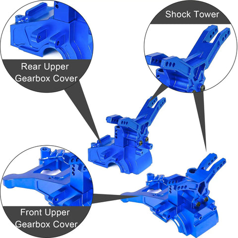 Front And Rear Upper Gearbox Covers And Shock Tower Upgrade Set For Arrma 1 By 10 And 1 By 8 Scale Big Rock Granite Senton Typhon V3 3S BLX Mega Aluminum Alloy Blue Replacement ARA 1082 showing blue CNC-machined parts.