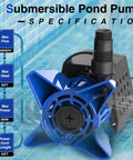 Beefy 3200 GPH Submersible Pond Pump 200W with 33 ft power cord shown in blue next to specifications for ponds and waterfalls