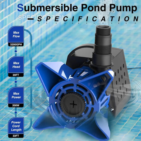 Beefy 3200 GPH Submersible Pond Pump 200W with 33 ft power cord shown in blue next to specifications for ponds and waterfalls