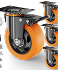 Tough As Nails 3 Inch Caster Wheels Set Of 4 Heavy Duty Locking Brakes with orange polyurethane wheel and stainless steel plate.