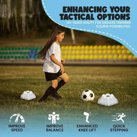 Girl playing soccer with Hexa Agility Cones Set For Dogs And Kids, 20 Color Coded Training Cones With 5 Cm Height And 7 Cm Hurdle