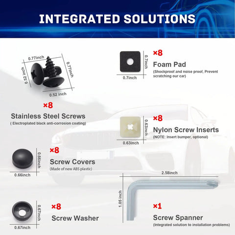 Diagram of Black Stainless Steel License Plate Screws Kit for Cars with 41 pieces including screws, foam pads, and spanner.