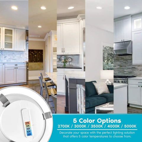 Various room settings with 4 Inch LED Recessed Can Lights Dimmable With Color Temperature Switchable 2700K 3000K 3500K 4000K 5000K Wet Rated Energy Star Downlights 750 Lumens 12 Pack
