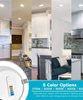 Collage of 4 Inch LED Recessed Can Lights Kit With 5 Color Temp Options in different room settings, focus on switchable color options