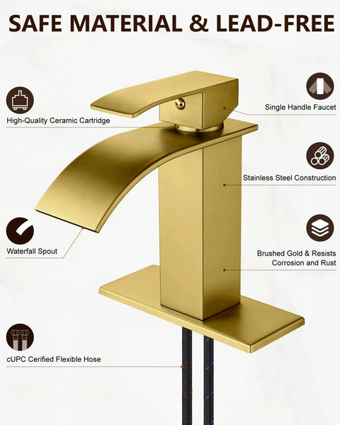 Gold Waterfall Bathroom Faucet With Pop-Up Drain, 304 Stainless Steel Sink Faucet For Single Hole Or 3-Hole Deck Mount