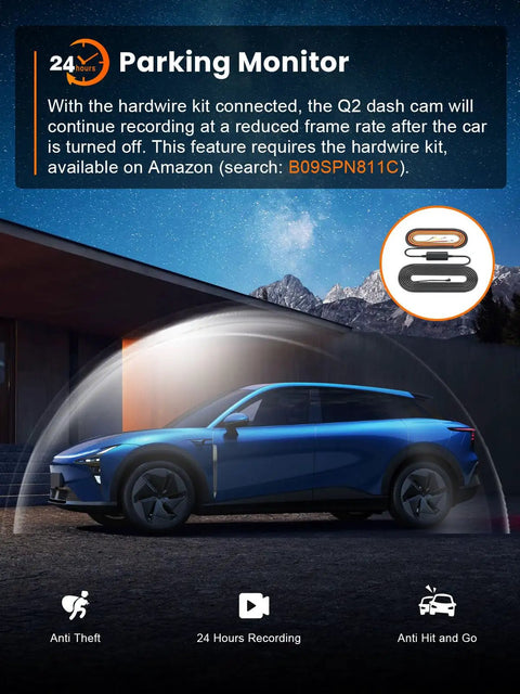 Car under night sky illustrating function of 4K Front Dash Cam With 5G WiFi And 64GB Card Included, Ultra Wide 160 Degree Lens, Mini Car Camera.