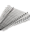 19 Piece Inch Combination Wrench Set With Rack From One Quarter Inch To One And One Quarter Inch Angled Open Ends At Fifteen Degrees