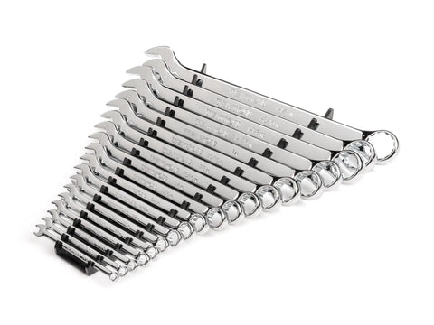 19 Piece Inch Combination Wrench Set With Rack From One Quarter Inch To One And One Quarter Inch Angled Open Ends At Fifteen Degrees