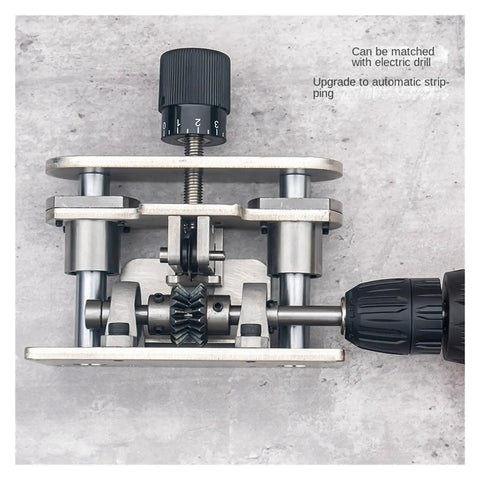 Heavy Duty Stainless Steel Wire Stripper Machine For Electric Drill Peeling Tool, close-up of three-blade design and adjustable knob.