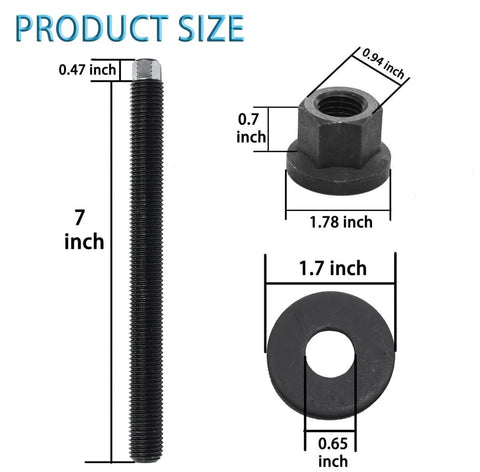 Harmonic Balancer Install Tool For GM V8 LS Engines With Thrust Bearing And Wrench Flats Crank Pulley Installer compatible with LS1 LS2 LS3 LS4 LSX LSA LS6 LQ4 LQ9 1997 and up heavy duty pro grade 35CrMo steel 12.9 strength, showing bolt, nut, and washer dimensions, including 7-inch bolt.