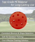 Close-up of Six Pack Replacement Backyard Golf Ball, red perforated plastic, 3 inch, over lawn background with text overlays.
