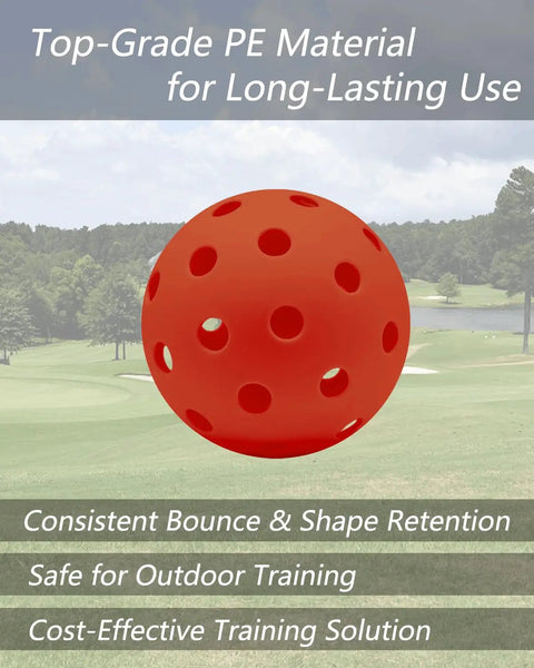Close-up of Six Pack Replacement Backyard Golf Ball, red perforated plastic, 3 inch, over lawn background with text overlays.