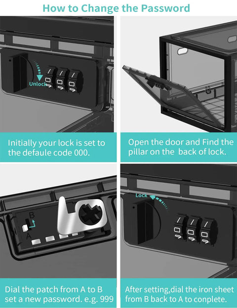 How to change the password on the 10 Liter Combo Lock Storage Box for secure use, showing lock mechanism and instructions in black.