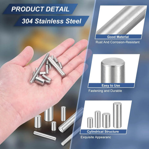 Hand holding 40-Piece M4 Dowel Pins Set, 10mm Long, 304 Stainless Steel Cylindrical Parallel Pins For Mechanical Fabrication