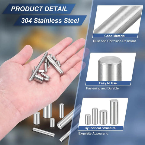 Person holding 20 Pack M5x50mm 304 Stainless Steel Dowel Pins For Mechanical Manufacturing And Furniture Installations, Cylindrical Shelf Support Peg Pins, Parallel Pins Fasteners For Industry Use, Silver.