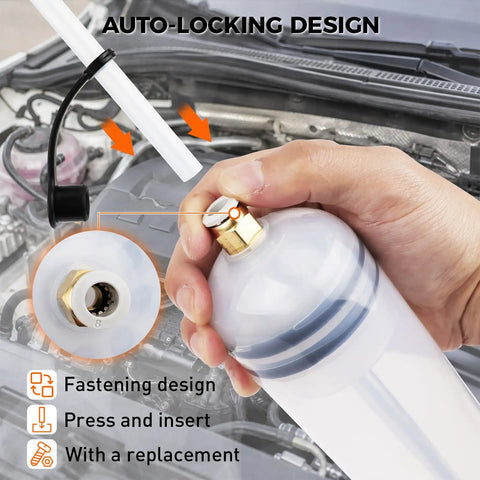 No Sweat 500 Cc Manual Fluid Extractor Pump With Long Hose For Dead Simple Oil Removal showing auto-locking design in use.