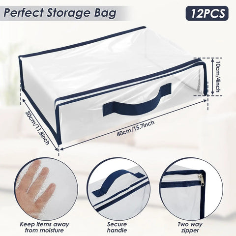 Heavy-Duty Clear Storage Bags With Zipper, 12 Pack, 12L Waterproof Moving Organizer Bags for Clothing, Bedding, and more, 15.7x11.8x3.9 inch