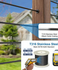 500 Ft Black Stainless Steel Cable Sleek Dope Look One Eighth Inch T316 Marine Grade Wire Rope Seven By Seven Strand For Deck Railing And Balustrades With 1850 Lb Breaking Strength Aircraft Cable For Indoor Outdoor Use, showing cable detail and specifications including black oxide coating and ASTM A240 standard compliance.