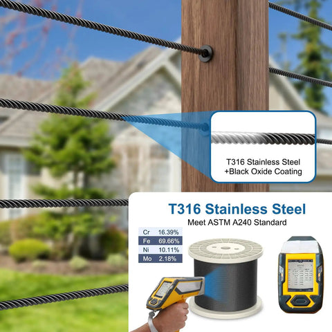 500 Ft Black Stainless Steel Cable Sleek Dope Look One Eighth Inch T316 Marine Grade Wire Rope Seven By Seven Strand For Deck Railing And Balustrades With 1850 Lb Breaking Strength Aircraft Cable For Indoor Outdoor Use, showing cable detail and specifications including black oxide coating and ASTM A240 standard compliance.