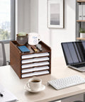 Six Tier Solid Wood Desktop File Organizer With Sliding Pull Out Trays For A4 Documents Folders Mail Bills Tablets And Phones