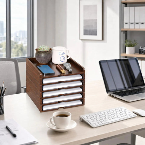 Six Tier Solid Wood Desktop File Organizer With Sliding Pull Out Trays For A4 Documents Folders Mail Bills Tablets And Phones